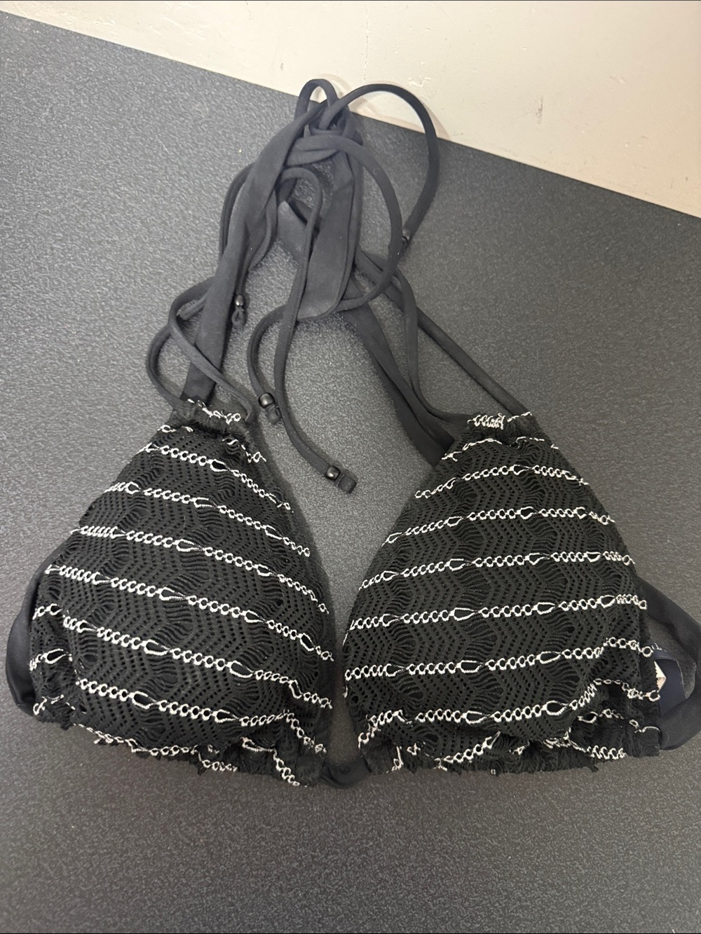 Black Chevron Triangle Bikini Top with Silver Chain Trim